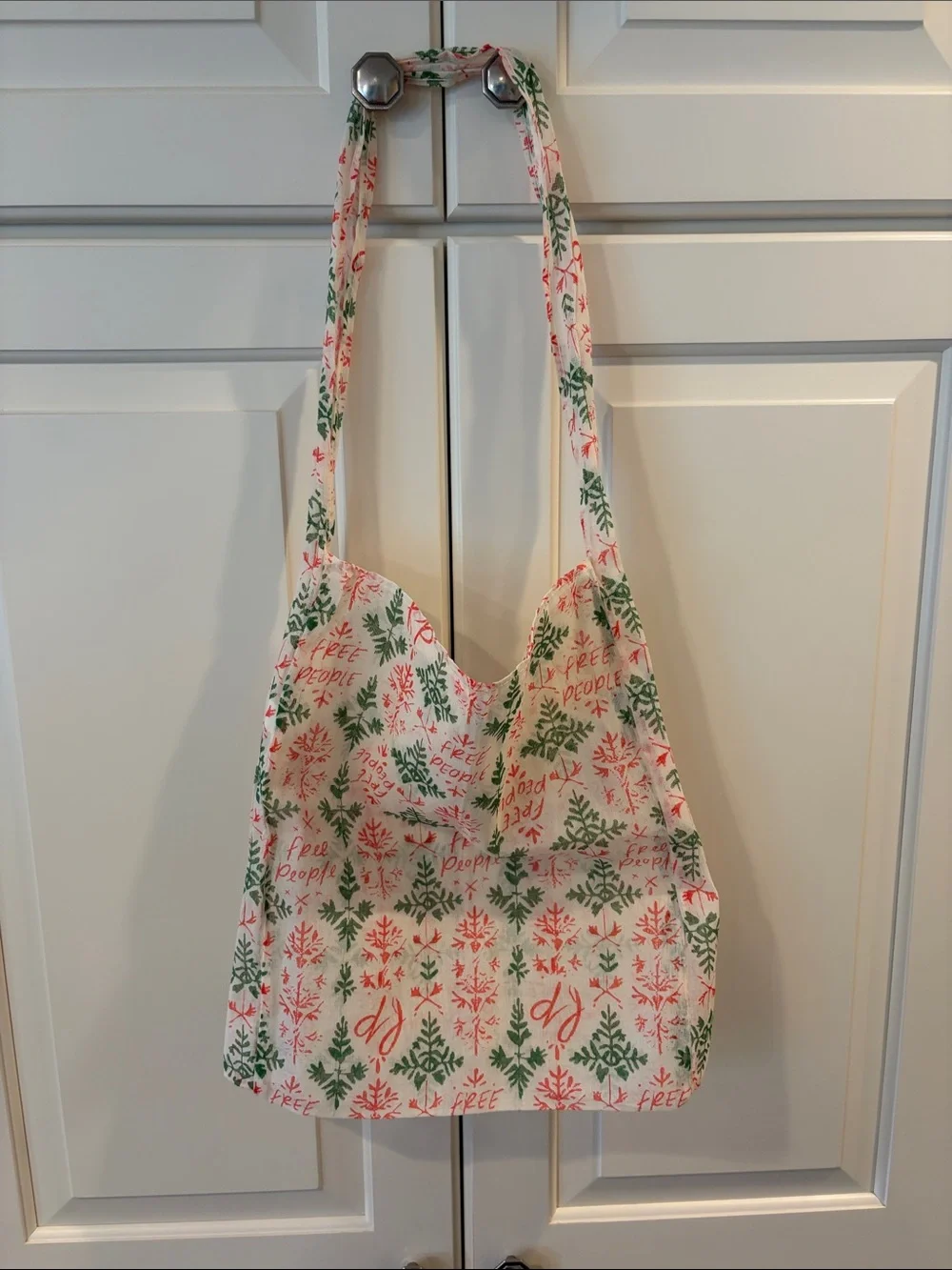 Free People Cream Tote with Green & Red Botanical Motif